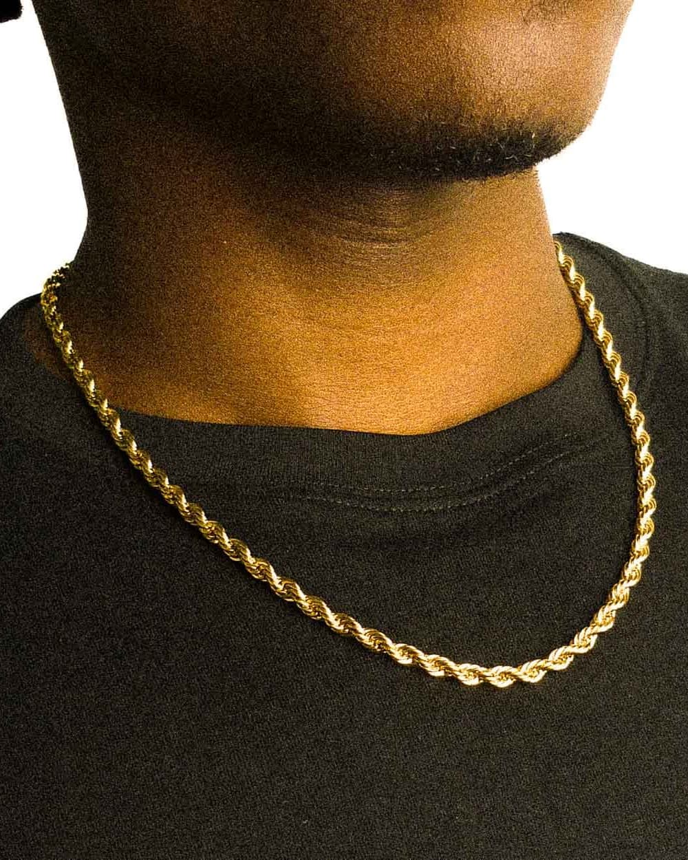Gold chain necklace worn by a person on a plain background